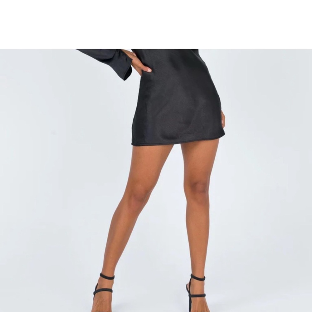 Princess Polly Satin Black Long Bell Sleeve Cowl‎ Neck Fit and Flare Mini Dress - Picture 3 of 8